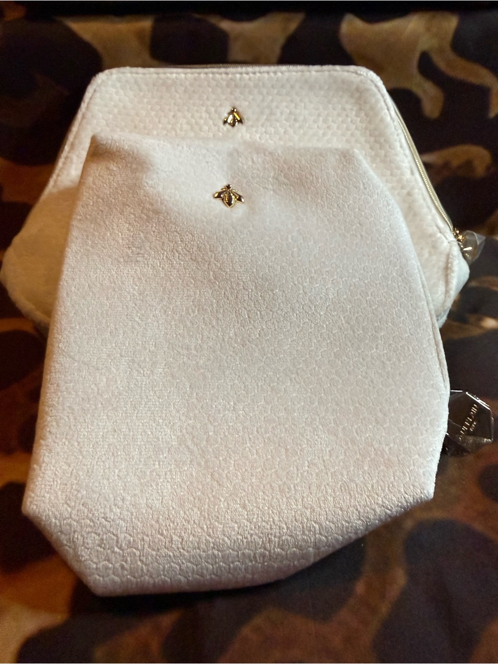 GUERLAIN White Textured Cosmetic Pouch with Gold Octagon Charm- 2 bags included